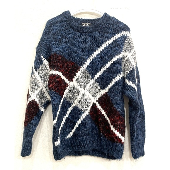 100% Lambswool Men's Blue Sweater Large XL‎ Striped Winter Warm Wool Vintage